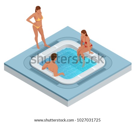 Isometric jacuzzi with swirling water isolated on white. People enjoying jacuzzi hot tub bath spa. Vector illustration