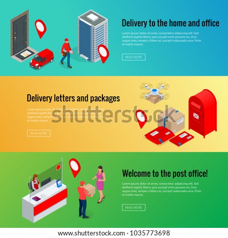 Post horizontal banners set with isometric Post Office Postman, envelope, mailbox and other attributes of postal service, point of correspondence delivery symbols flat isolated vector illustration