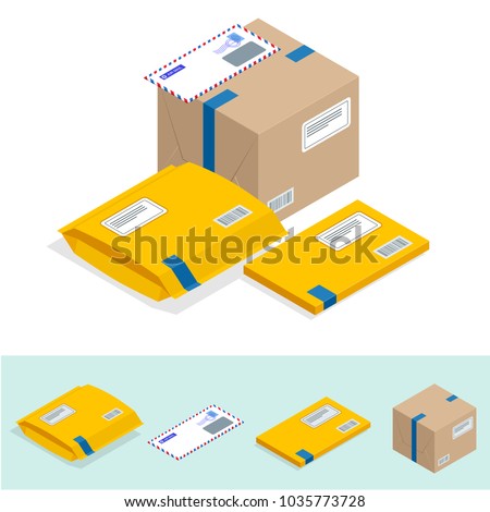 Isometric set of Post Office, attributes of postal service, point of correspondence delivery icons. Postal services icon