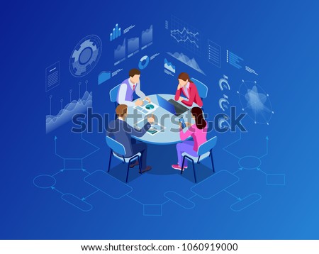 Isometric business people talking conference meeting room. Team work process. Business management teamwork meeting and brainstorming. Vector illustration.