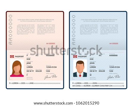 Vector Blank open passport template. International passport with sample personal data page. Document for. Isolated vector illustration