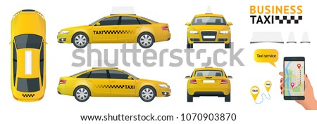 Flat high quality city service transport icon set. Car taxi. Build your own world web infographic collection. Taxi branding mockup. View from side, front, back and top.
