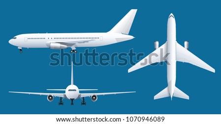 Airplane on blue background. Industrial blueprint of airplane. Airliner in top, side, front view. Flat style vector illustration.