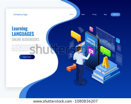 Isometric Online Language Learning Interface and Teaching Concept. Online language school lifestyle. Education Concept. Vector illustration
