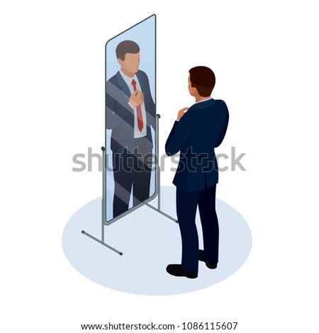 Isometric businessman adjusting tie in front of the mirror. Man checking his appearance in the mirror. Businessman looking himself in the mirror vector flat design illustration.