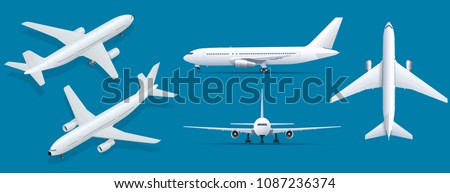 Airplanes on blue background. Industrial blueprint of airplane. Airliner in top, side, front view and isometric. Flat style vector illustration.