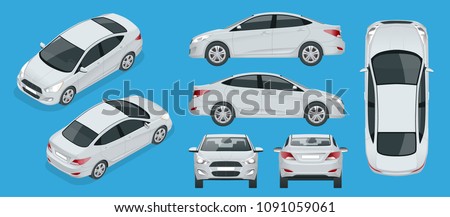 Set of Sedan Cars. Compact Hybrid Vehicle. Eco-friendly hi-tech auto. Isolated car, template for branding, advertising. Front, rear , side, top and isometry front and back