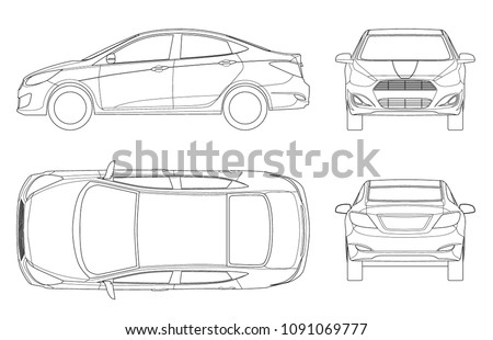 Set of Sedan Cars in outline. Compact Hybrid Vehicle. Eco-friendly hi-tech auto. Isolated car, template for branding and advertising. View front, rear, side, top. Vector illustration