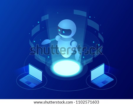 Isometric robot learning or solving problems concept. Artificial intelligence business vector illustration. Science teacher bot. Knowledge Expertise Intelligence Learn. Online training banner.