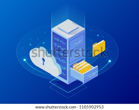 Isometric cloud computing concept represented by a server, with a cloud representation hologram concept. Data center cloud, computer connection, hosting server, database synchronize technology