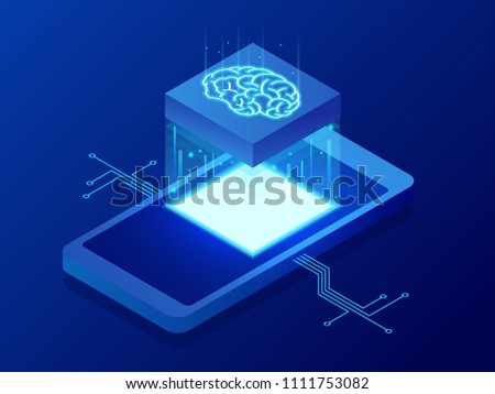 Isometric Science teacher bot concept. Artificial Intelligence, Knowledge Expertise Intelligence Learn. Technology and engineering. Online training banner