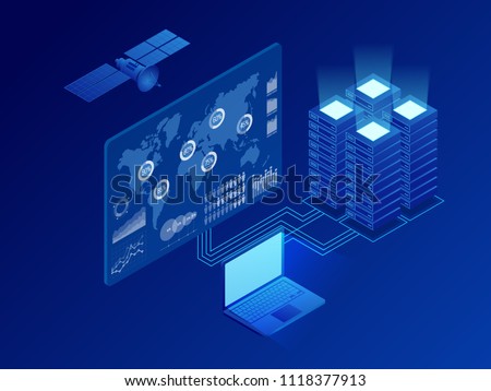 Isometric global information digital network, big data processing, energy station of future, server room rack, data center concept. Vector isometric illustration