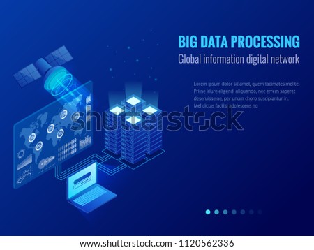 Isometric Big data processing, Global information digital network concept, datacenter, data base, digital information technology. Website banner templates.