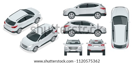Car vector template on white background. Compact crossover, SUV, 5-door station wagon car. Template vector isolated. View isometric, front, rear, side, top.