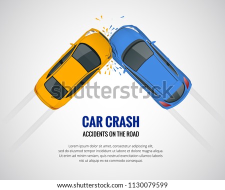 Car crash, car accident top view isolated on a light background. Car crash emergency disaster. Flat vector illustration.