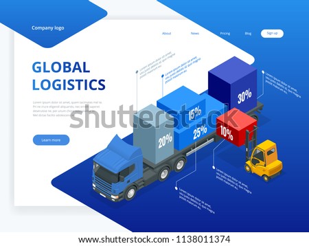 Isometric logistic infographic template with right truck loading and forklift. Checking delivery and ligistics service app. Vector web banner illustration
