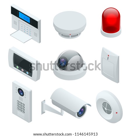 Isometric alarm system home. Home security. Security alarm keypad with person arming the system. Access, Alarm zones, security system panel