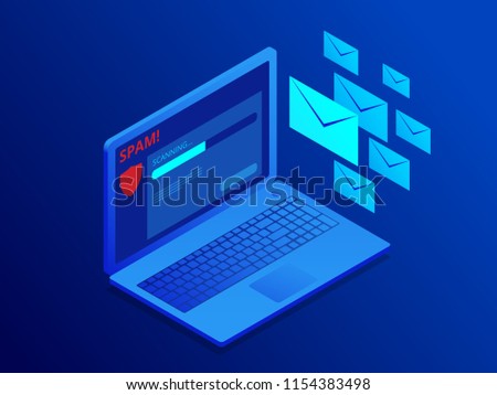 Isometric website banner of e-mail protection, anti-malware software. Email Spamming Attack. Antivirus software, anti-malware, spyware, trojan, adware as internet security.