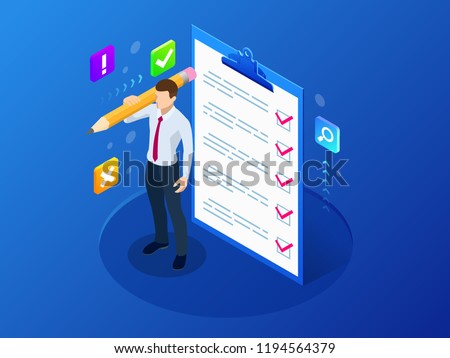 Isometric businessman with checklist and to do list. Clipboard with a checklist. Project management, planning and keeping score of the completed tasks concept.