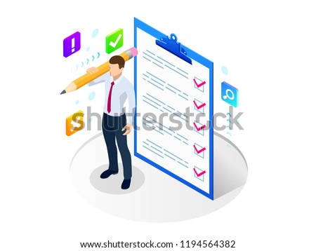 Isometric businessman with checklist and to do list. Clipboard with a checklist. Project management, planning and keeping score of the completed tasks concept.