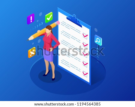 Isometric businesswoman with checklist and to do list. Clipboard with a checklist. Project management, planning and keeping score of the completed tasks concept.