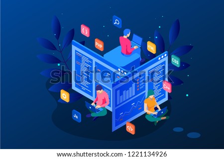 Isometric programmer coding new project. Web Development and Programming Skills for website. WEB Banner illustration project team of engineers for website, PHP, HTML, C++, CSS, Js.