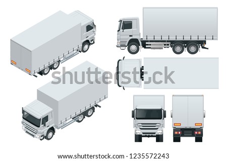 Truck delivery, lorry mock-up isolated template on white background. Isometric, side, front, back, top view.