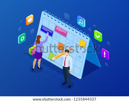 Isometric weekly schedule and calendar planner organization management. Online business workflow, time management, planning, task app, teamwork and meeting. Vector illustration