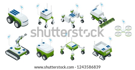 Isometric set of iot smart industry robot 4.0, robots in agriculture, farming robot, robot greenhouse. Agriculture smart farming technology vector illustration