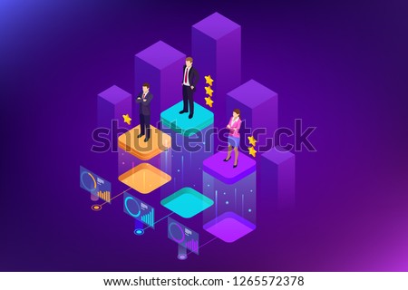 Isometric online job search and human resource, recruitment concept. We are hiring. Presentation for employment and infographics for recruiting.