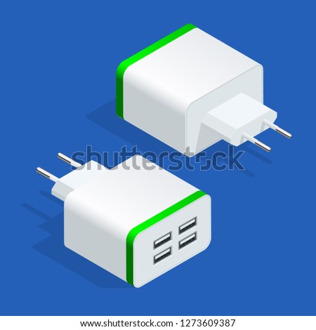 Isometric USB electric power socket AC outlet. Usb wall charger plug isolated. Vector illustration