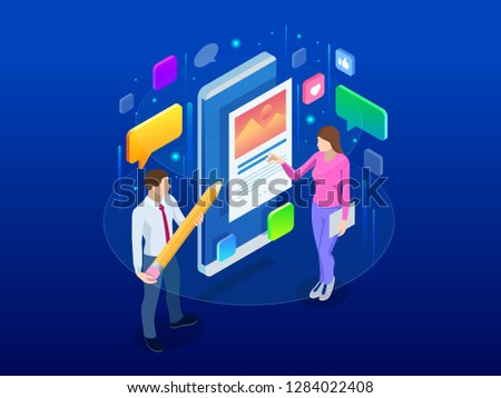 Isometric freelancing, creative blogging, commercial blog posting, copywriting, content marketing strategy. People are standing near smartphone, using a smartphone, reading news, texting message.