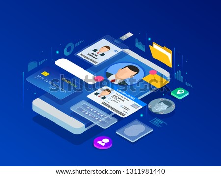 Isometric Personal Data Information App, Identity Private Concept. Digital data Secure Banner. Biometrics technology vector illustration for personal identity recognition and access authentication.