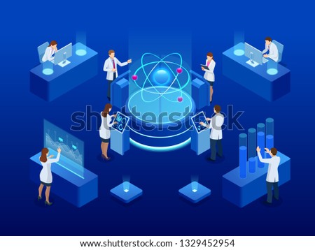 Development of nuclear or atomic technology. Interaction of different studies. Isometric vector illustration