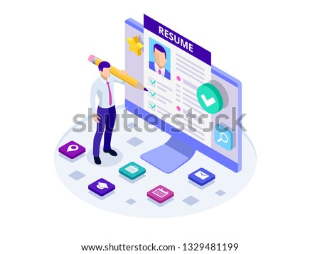 Isometric man and cv resume documents. Recruiting advertisement, Job opportunity. Searching professional staff, work, analyzing resume, documents papers