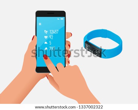 Fitness bracelet or tracker with a smartphone isolated on white. Sports accessories, a wristband with running activity steps counter and heartbeat pulse meter.