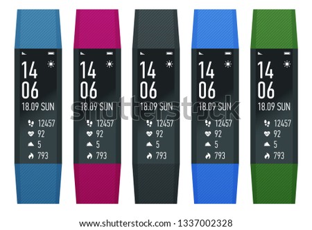 Fitness bracelet or tracker with a smartphone isolated on white. Sports accessories, a wristband with running activity steps counter and heartbeat pulse meter