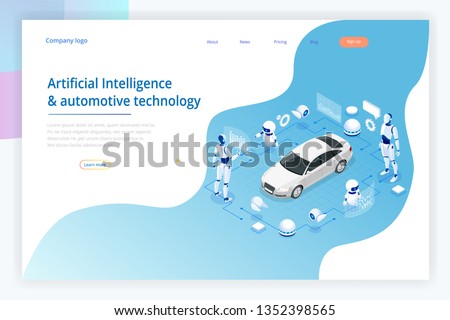 Isometric Cybernetic Robots works with a virtual interface in augmented reality. Virtual computer development of a car model using artificial intelligence. Future concept.