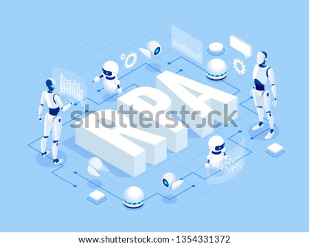 Isometric concept of RPA, artificial intelligence, robotics process automation, ai in fintech or machine transformation.