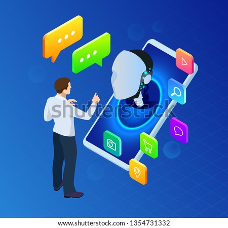 Isometric artificial intelligence. Science teacher bot. Chat bot and future marketing. AI and business IOT concept. Mans and women chatting with chatbot application. Dialog help service.