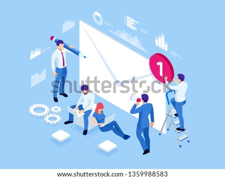 Isometric mailing list or mailing services. Online marketing and communication. Electronic mail message concept as part of business marketing.