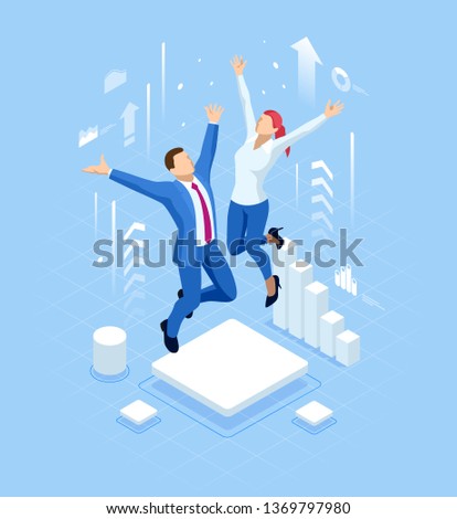 Isometric profit, fortune and success, successful investment concept. Man and woman is glad a lot of money, success, good luck.