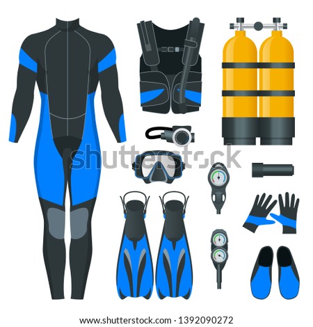 Man's Scuba gear and accessories. Equipment for diving. IDiver wetsuit, scuba mask, snorkel, fins, regulator dive icons. Underwater activity diving equipment and accessories. Underwater sport.