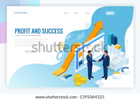 Isometric B2B sales method. Partners shaking hands. Successful entrepreneurs. Data and key performance indicators for business intelligence analytics