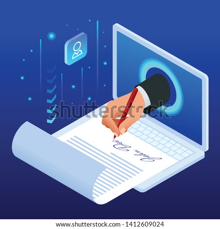 Isometric electronic signature concept. Electronic Document, digital form attached to electronically transmitted document, verification of intent to sign agreement and legal deal.