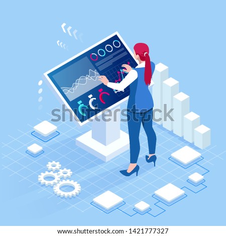 Isometric digital monitor with infographics. Female standing at the big display. Concept of business assistance. Interactive Information Kiosk, Advertising Display, Terminal Stand