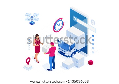 Isometric Logistics and Delivery concept. Delivery home and office. City logistics. Warehouse, truck, forklift, courier, drone and delivery man.