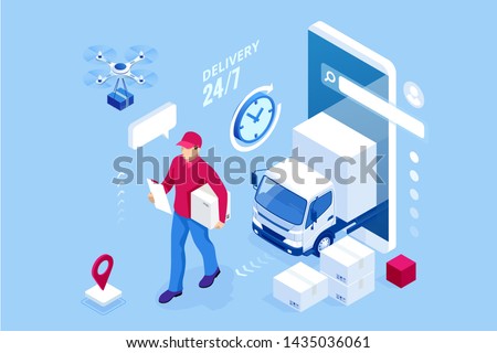 Isometric Logistics and Delivery concept. Delivery home and office. City logistics. Warehouse, truck, forklift, courier, drone and delivery man.