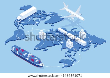 Global logistics network isometric illustration Icons set of air cargo trucking rail transportation maritime shipping On-time delivery Vehicles designed to carry large numbers of cargo