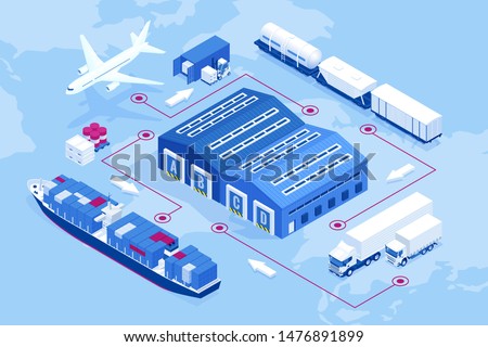 Isometric global logistics network. Air cargo, rail transportation, maritime shipping, warehouse, container ship, city skyline on the world map.